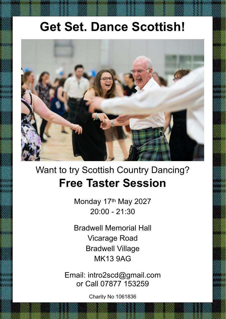 Poster for the RSCDS Milton Keynes taster session on Monday 17th May 2027