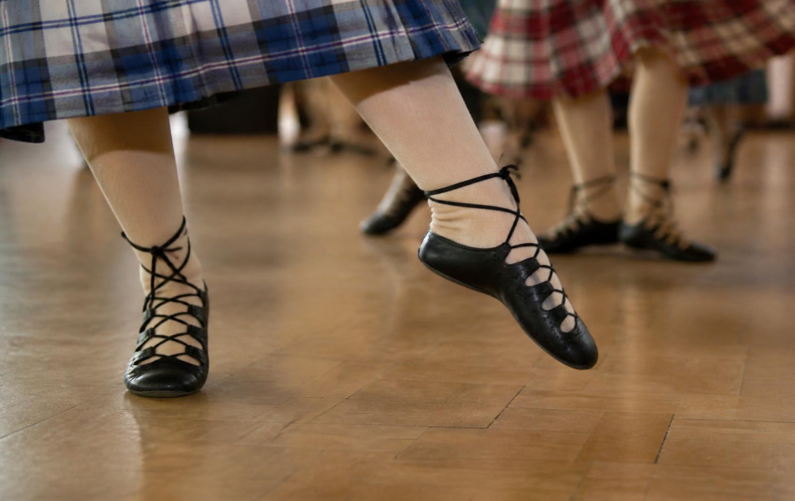 Dancers' feet in Scottish country dance shoes